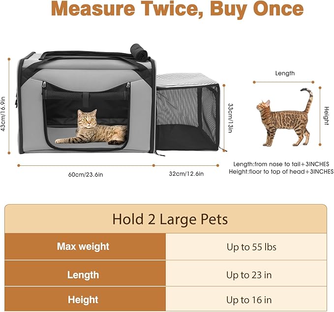 Large Cat Carrier for 2 Cats, 24"x16"x17" Soft Cat Travel Carrier with Litter Box, Expandable Cat Carrier for Car Travel Long Distance, Up to 55 lbs