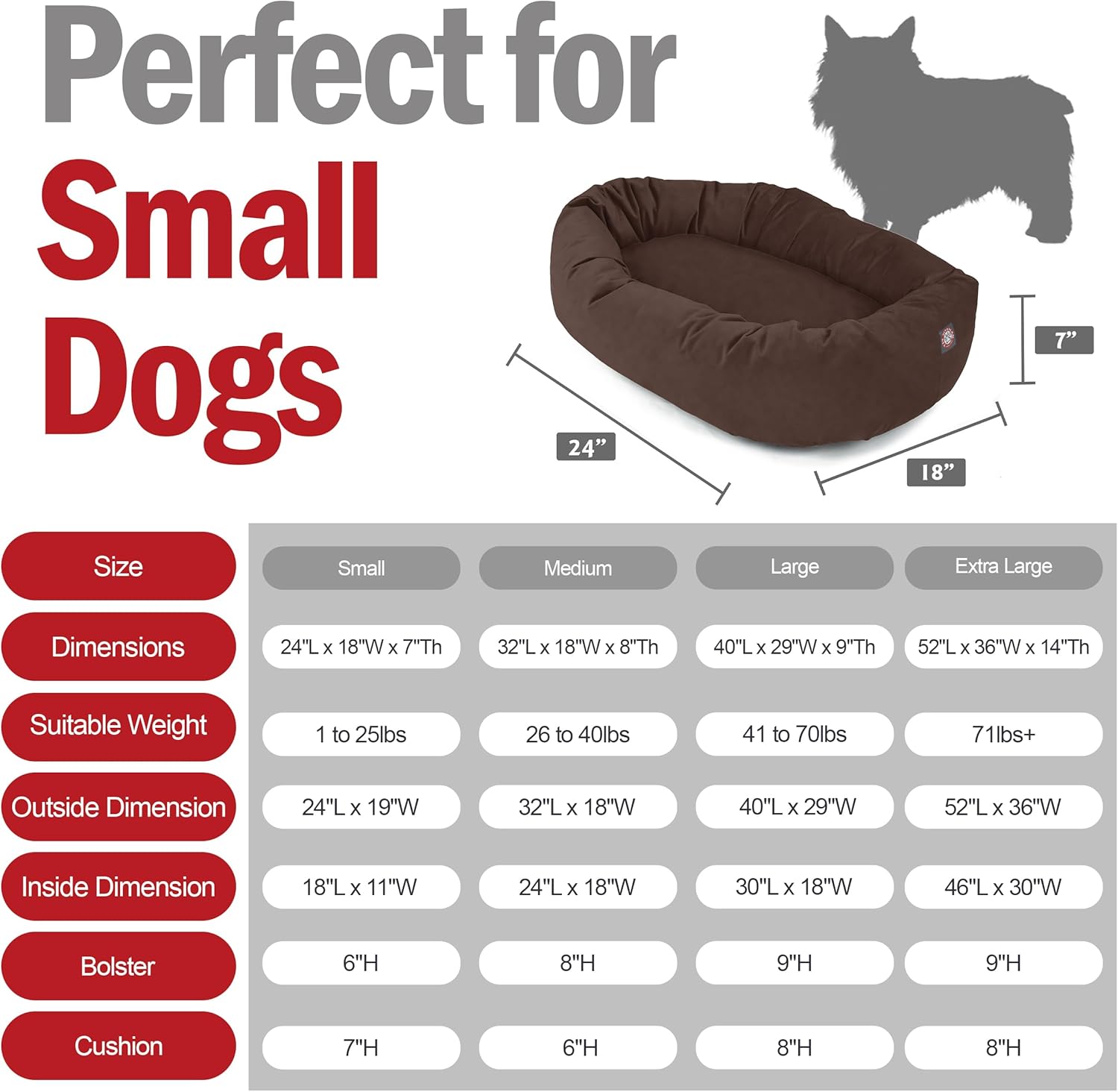 Majestic Pet 24 Inch Suede Shredded Memory Foam Mix Calming Small Dog Bed Washable 24 x 19 x 7 (Inch) - Cozy Soft Round Donut Dog Bed with Spine for Head Support - Pet Bed Chocolate - Pet Explorer