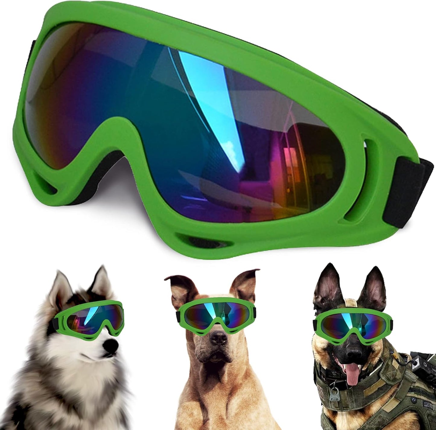 Large Dog Sunglasses With Adjustable Strap UV Protection, Windproof Puppy Eyewear, Suitable for Medium-Large Pets, Eyes Protection, Soft Goggles (Green Frame) - Pet Explorer