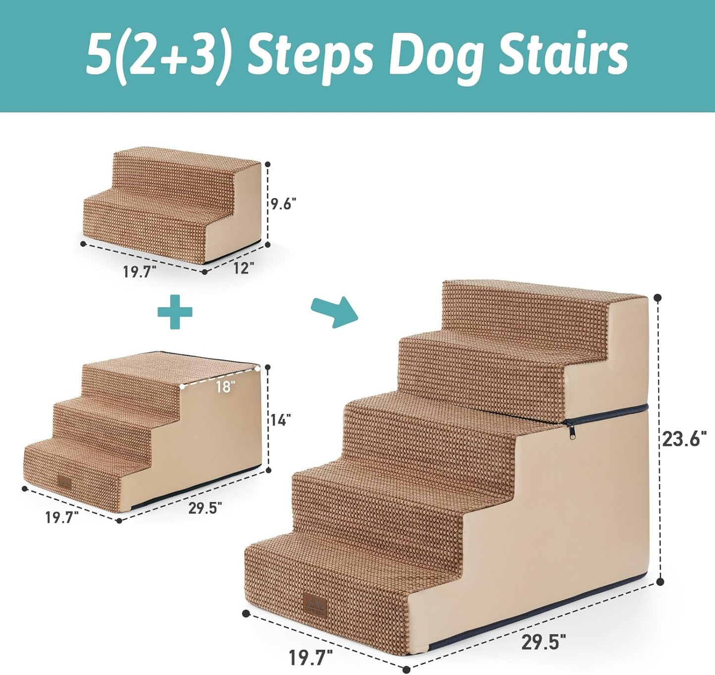 Dog Stairs for Small Dogs, 5 Tier Removable Wider Pet Stairs for Couch and Bed, 23.6" H Non-Slip Dog Steps for Puppies and Old Cats with Support Board, 29.5x19.7x23.6 inch, Light Brown - Pet Explorer