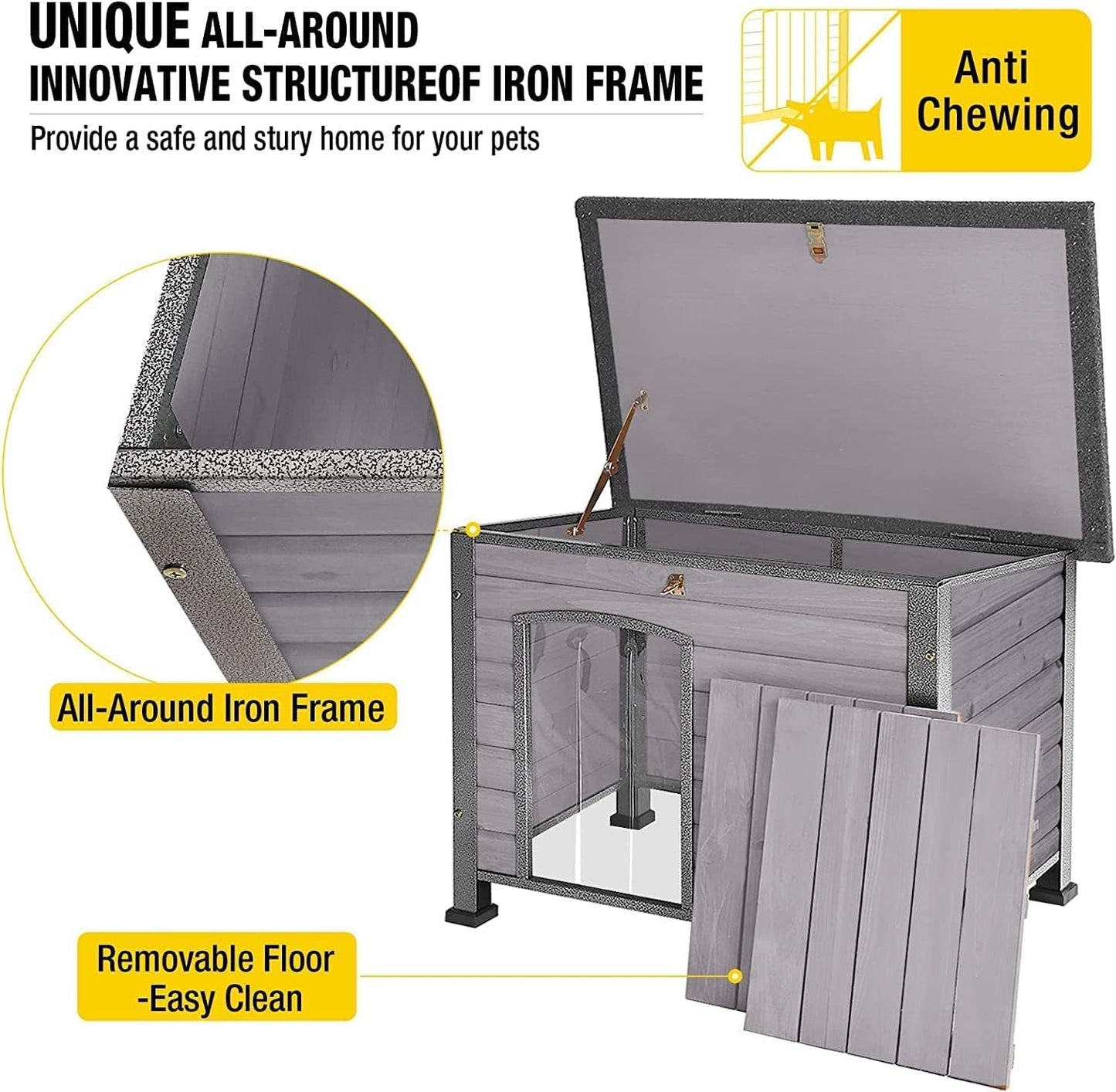 Aivituvin Dog House Outdoor Indoor Weatherproof Dog House for Small & Medium & Large Dogs with Unique All-Around Iron Frame＆Raised Feet（Grey） - Pet Explorer