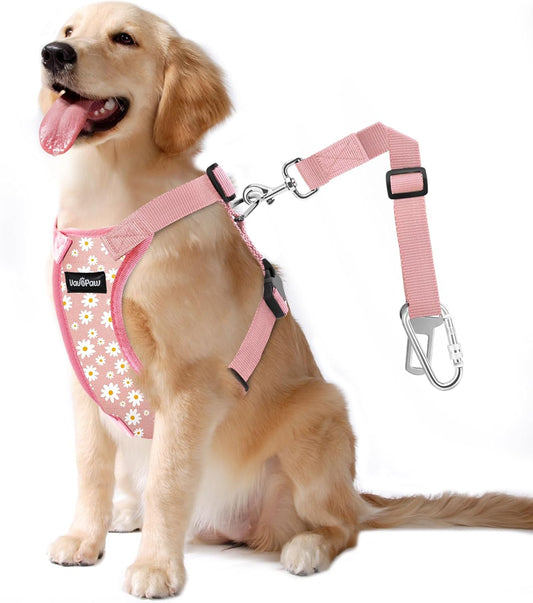 Dog Seat Belt, Safety Vest Dog Car Harness with Adjustable Buckle Dog Seat Belt for Vehicle Nylon Pet Safety Seat Belts Heavy Duty(XL, Pink Daisy) - Pet Explorer