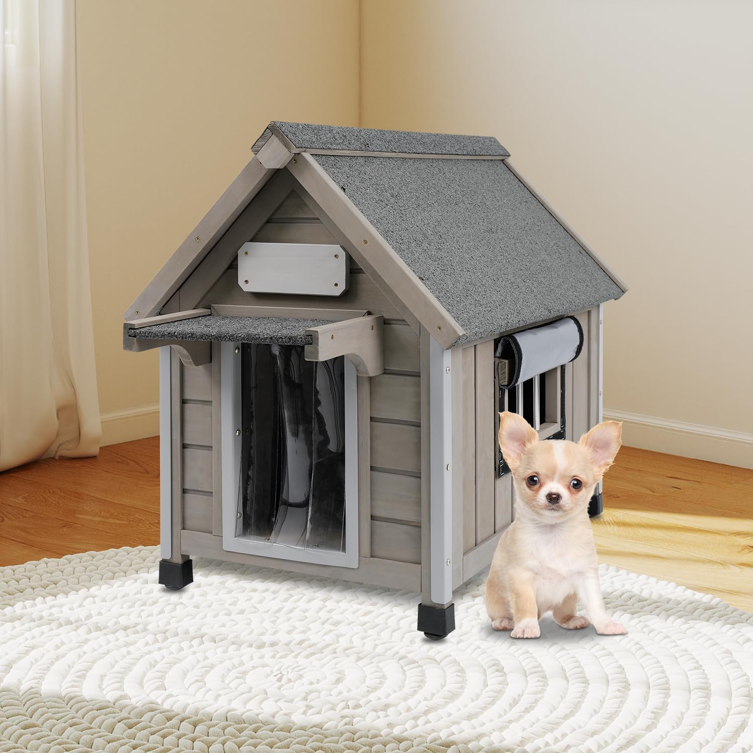 Outdoor Dog House Weatherproof Large Wooden Dog Kennel Indoor for Small Dogs with Chew-Proof Frame, Oxford Fabric Window, Removable Floor Pet Shelter (Grey, 18.1" D x 25.2" W x 24" H) - Pet Explorer