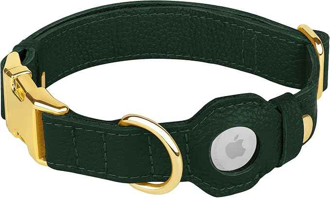 Leather Airtag Dog Collar - Soft Tracking Dog Collar with Apple AirTag Holder and Metal Buckle - Safety GPS Pet Collars for Small Medium Large Dogs Puppy Pink Red (Green, L, 17"-21" Neck Fit)
