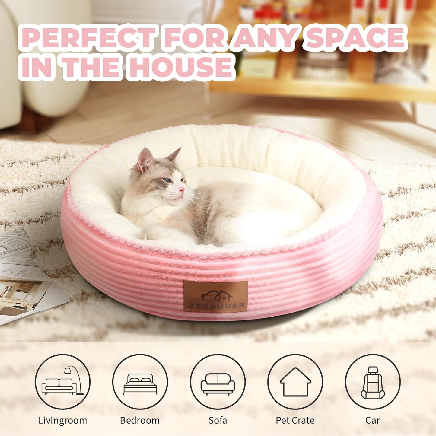 23in Pink Round Cat Dog Bed for Large Medium Small Dogs Cats, Machine Washable Sleeping Sofa, Non-Slip Bottom Breathable Soft Calming Pet Cuddler for Indoor/Outdoor/Car/Cage - Pet Explorer