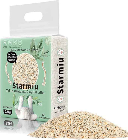 Tofu Mixed Cat Litter, Strong Clumping Kitty Litter Ultra Absorbent 2.5KG 100% Natural Tofu Litters with Bentonite, Flushable, Lightweight, Odor Control, Low Tracking, Dust-Free