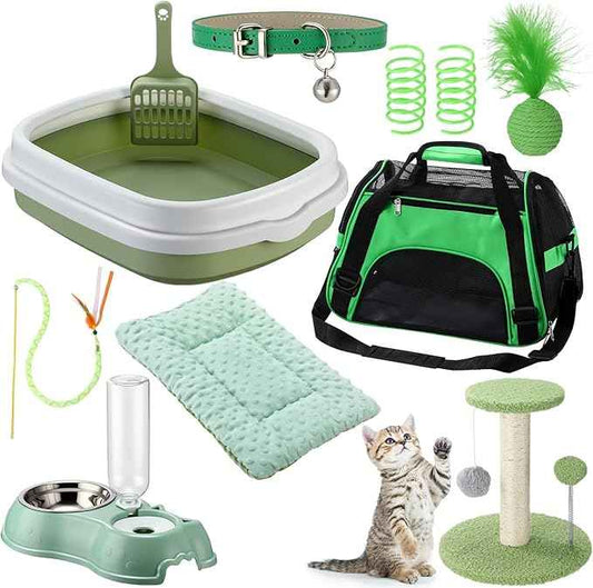 Eccliy Kitten Starter Kit, 10 Pcs Cat Starter Kit for Indoor Cats Kitten Essentials Includes Litter Box, Pet Toy, Folding Carrier, Climbing Frame, Mat, Collar, Automatic Food Bow(Classic,Green)