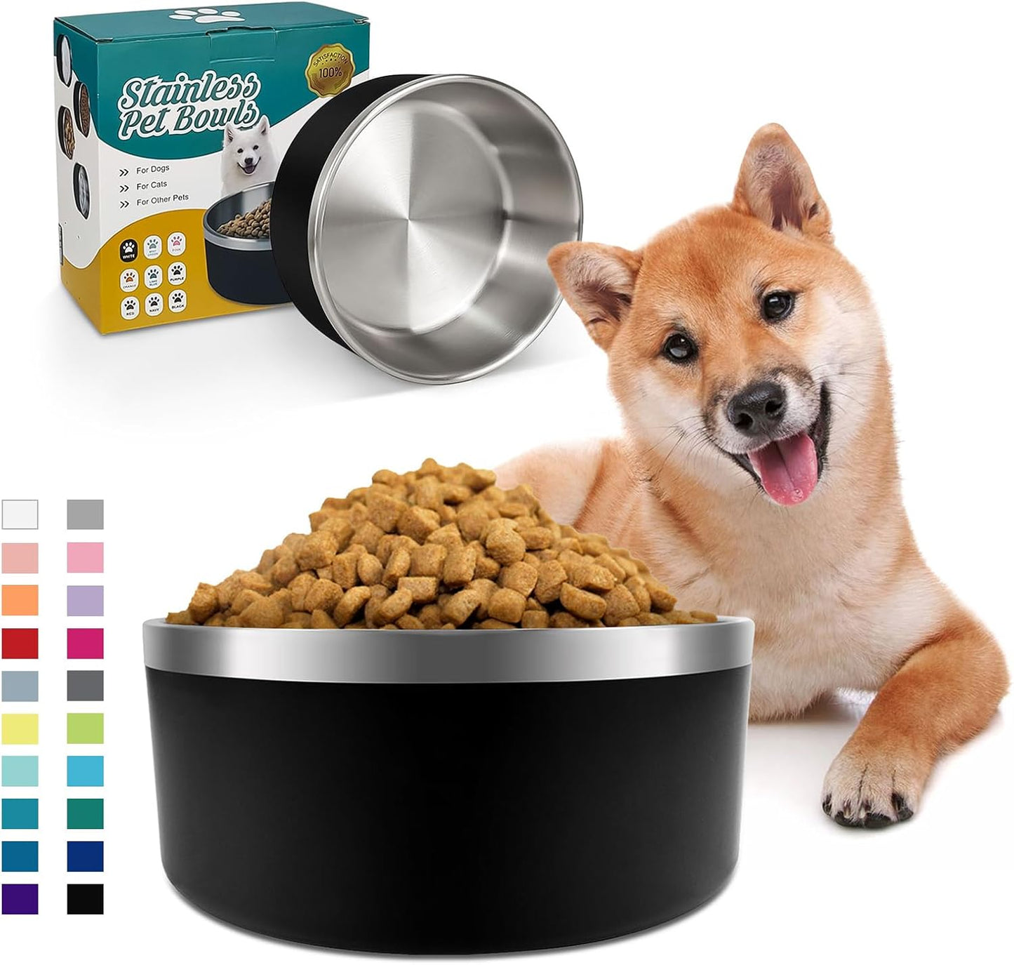 IKITCHEN Dog Bowl for Food and Water, 64 Oz Stainless Steel Pet Feeding Bowl, Durable Non-Skid Double Wall Insulated Heavy Duty with Rubber Bottom for Medium Large Sized Dogs (64 Ounces/8 Cup, Black) - Pet Explorer