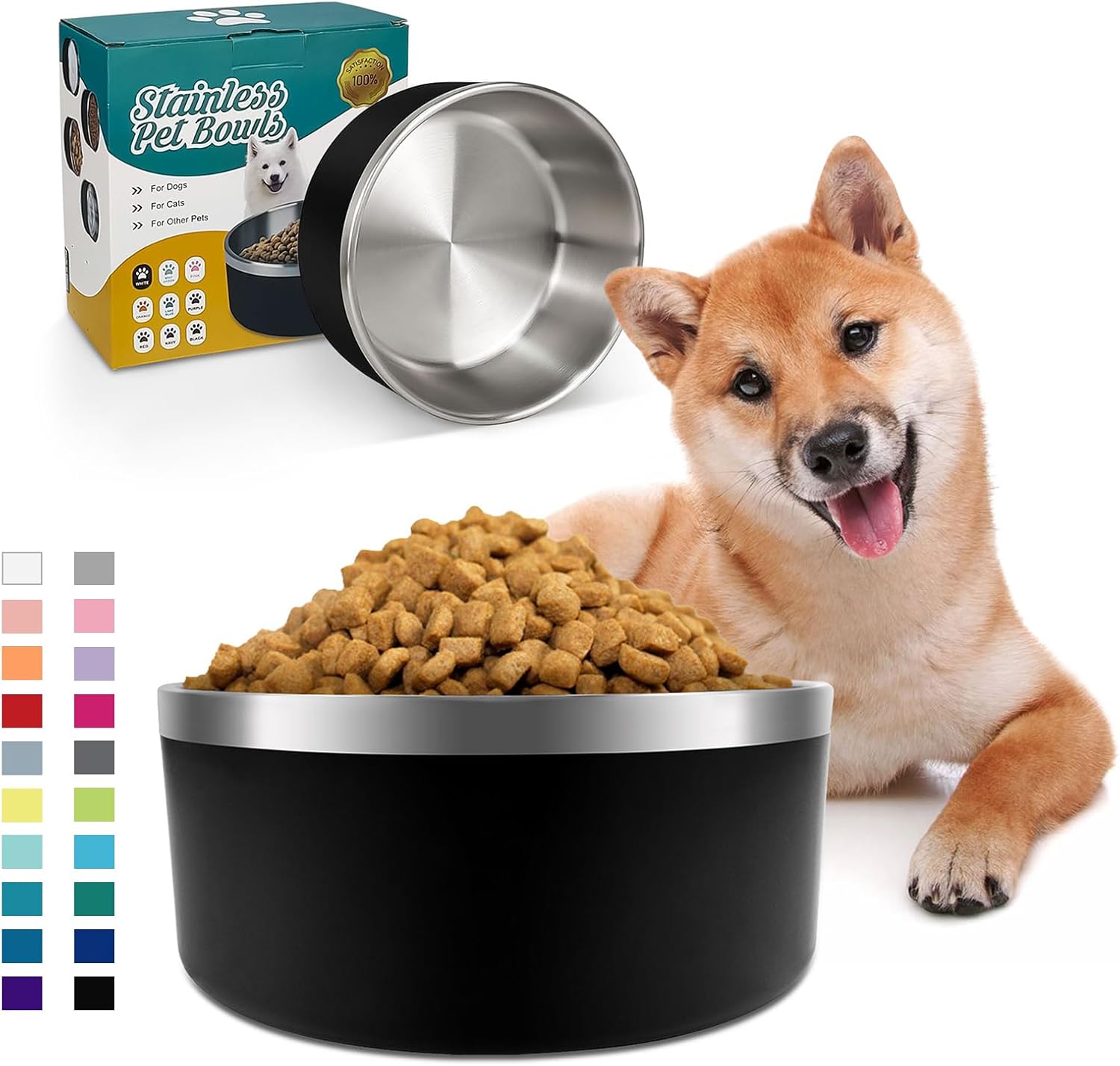 IKITCHEN Dog Bowl for Food and Water, 64 Oz Stainless Steel Pet Feeding Bowl, Durable Non-Skid Double Wall Insulated Heavy Duty with Rubber Bottom for Medium Large Sized Dogs (64 Ounces/8 Cup, Black) - Pet Explorer