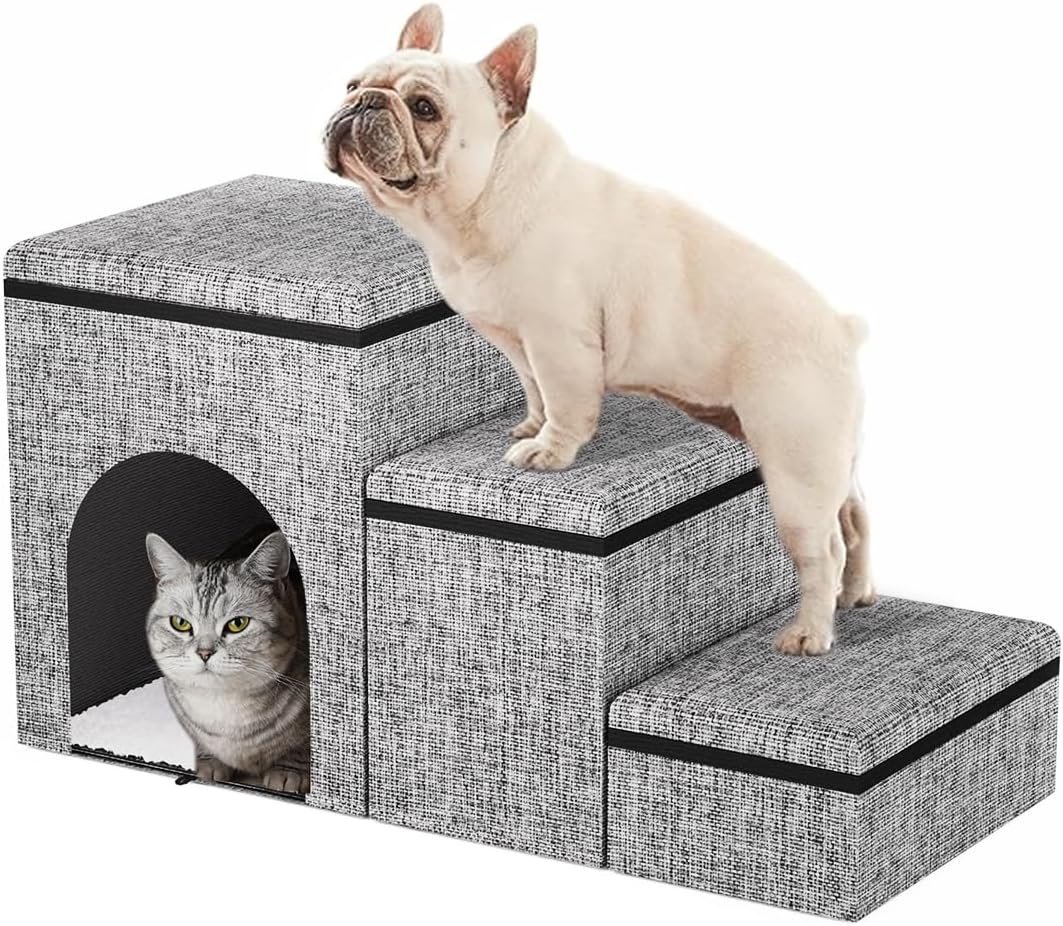 Dog Stairs with Storage, 3-Step Wider Dog Steps with Condo for Dogs and Cats, Pet Stairs for High Bed Climbing, Grey - Pet Explorer