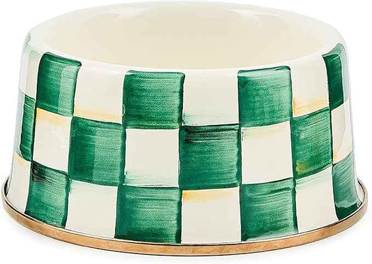 MACKENZIE-CHILDS Enamel Pet Bowl, Cute Cat and Dog Bowl for Food and Water, Medium, Green-and-White Emerald Check