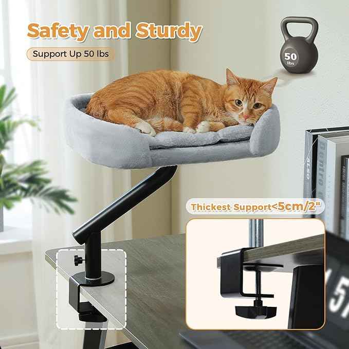 PAWZ Road Cat Desk Bed for Indoor Cats, Cat Bed for Desk Supports Up to 50 lbs, 360° Rotation & Adjustable, Nest Desktop Attachment Cats Hammock for Table, Gray