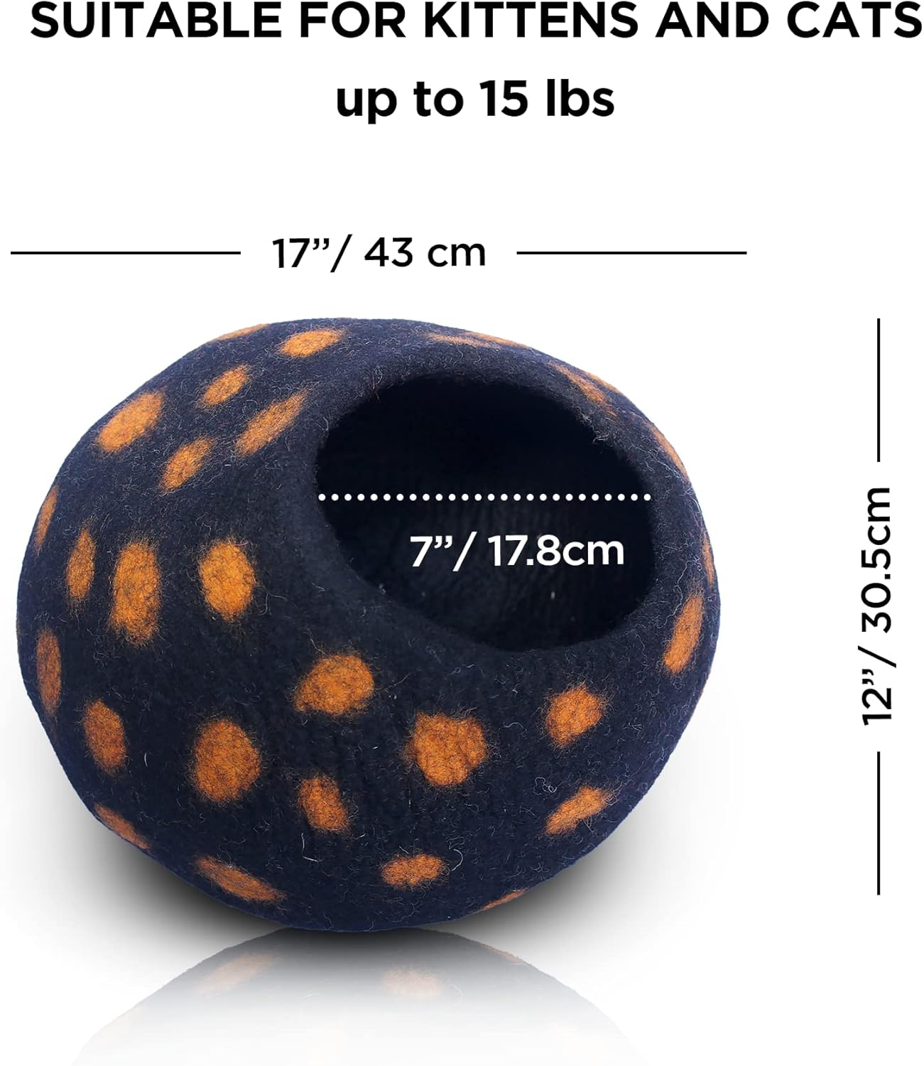 Woolygon Premium Felt Cat Cave Bed - Polka Dot Series - Wool Kitty Beds Handcrafted Kitten Caves Bed for Indoor Cats - Eco-Friendly Merino Wool, Foldable Cat Hideaway Cat Houses (Yellow/Black Dots) - Pet Explorer