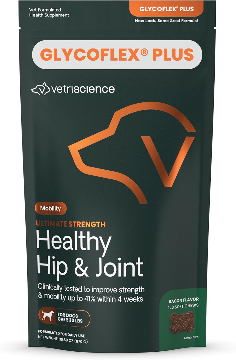 VetriScience GlycoFlex Ultimate Strength Healthy Hip & Joint Glucosamine Supplements for Dogs, with MSM, Chondroitin & Green-Lipped Mussel, Soft Chews, Bacon, 120 Count - New Look - Pet Explorer