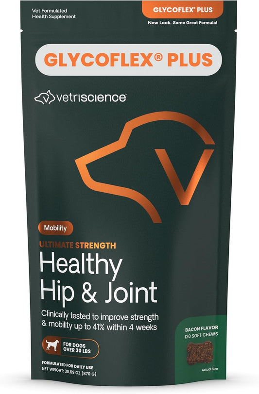VetriScience GlycoFlex Ultimate Strength Healthy Hip & Joint Glucosamine Supplements for Dogs, with MSM, Chondroitin & Green-Lipped Mussel, Soft Chews, Bacon, 120 Count - New Look - Pet Explorer