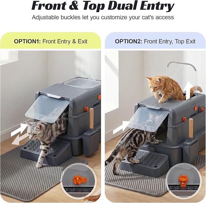 Stainless Steel Enclosed Cat Litter Box with Lid, Extra Large Kitty Litter Box with Drawer, Front & Top Entry Metal Cat Box for Big Cats, Odor Control, Easy to Clean, Grey