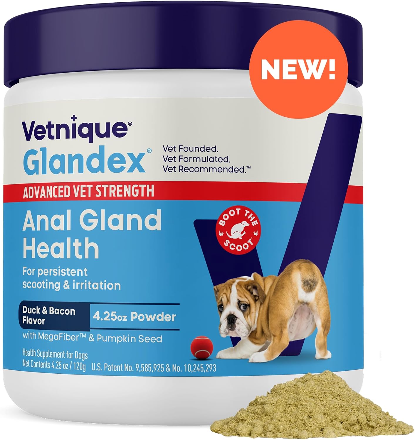 Glandex Dog Fiber Supplement Powder for Anal Glands with Pumpkin, Digestive Enzymes & Probiotics - (Regular or Advanced Strength) - Boot The Scoot (4.25 oz, Advanced Strength Duck & Bacon) - Pet Explorer