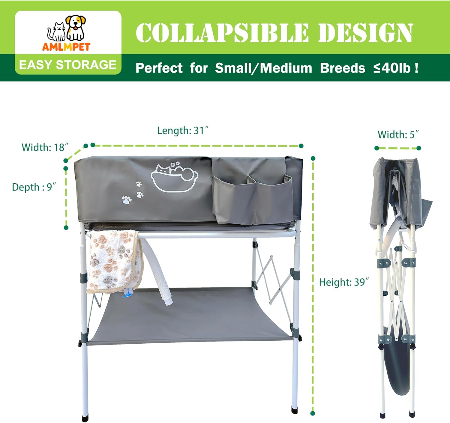 Elevated Dog Bathtub, Portable Dog Washing Station for Home with Towel Bar & Storage, Folding Pet Bath Tub for Small & Medium Dogs - Pet Explorer