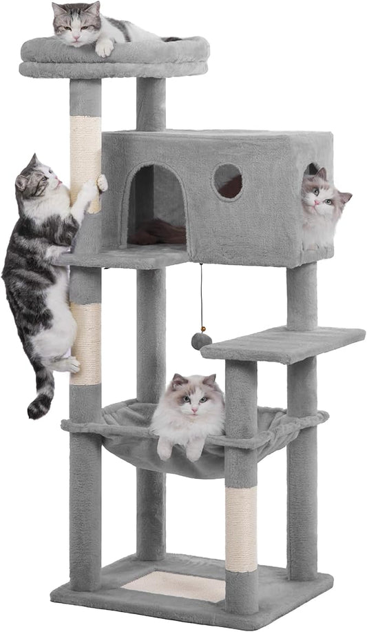 54" Cat Tree with Big Hammock 21x17” XL Cat Tower with Scratching Posts Featuring Large Top Bed, Scratcher Pad, Spacious Condo House and Detectable Ball for Indoor Cats-Large Gray