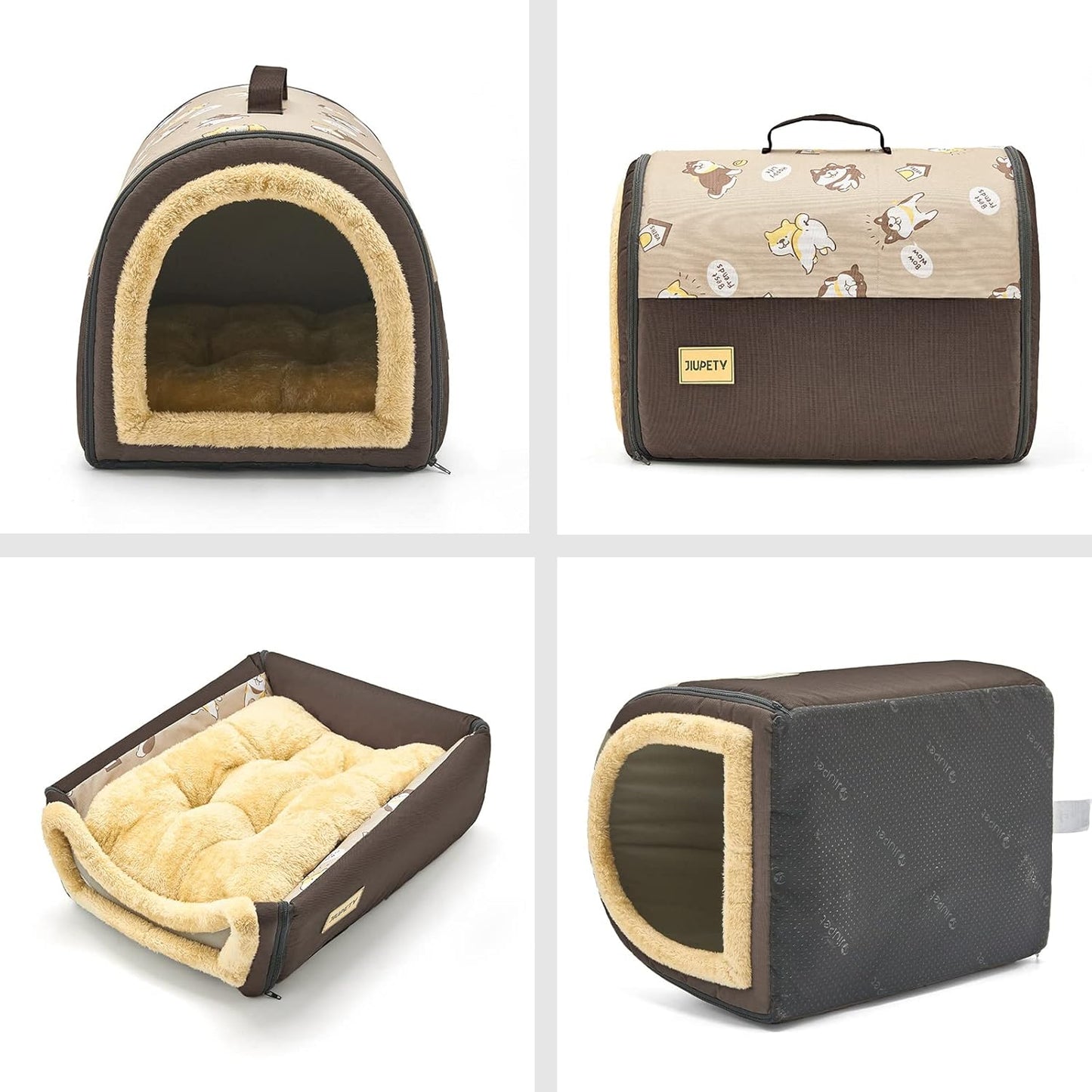 Jiupety Indoor Dog House, 2 in 1 Portable Foldable House Bed with Cover, Pet Tent & Cave Bed for Cats and Small Dogs, M(18"×14"×13"), Up to 9 Lb, Brown - Pet Explorer
