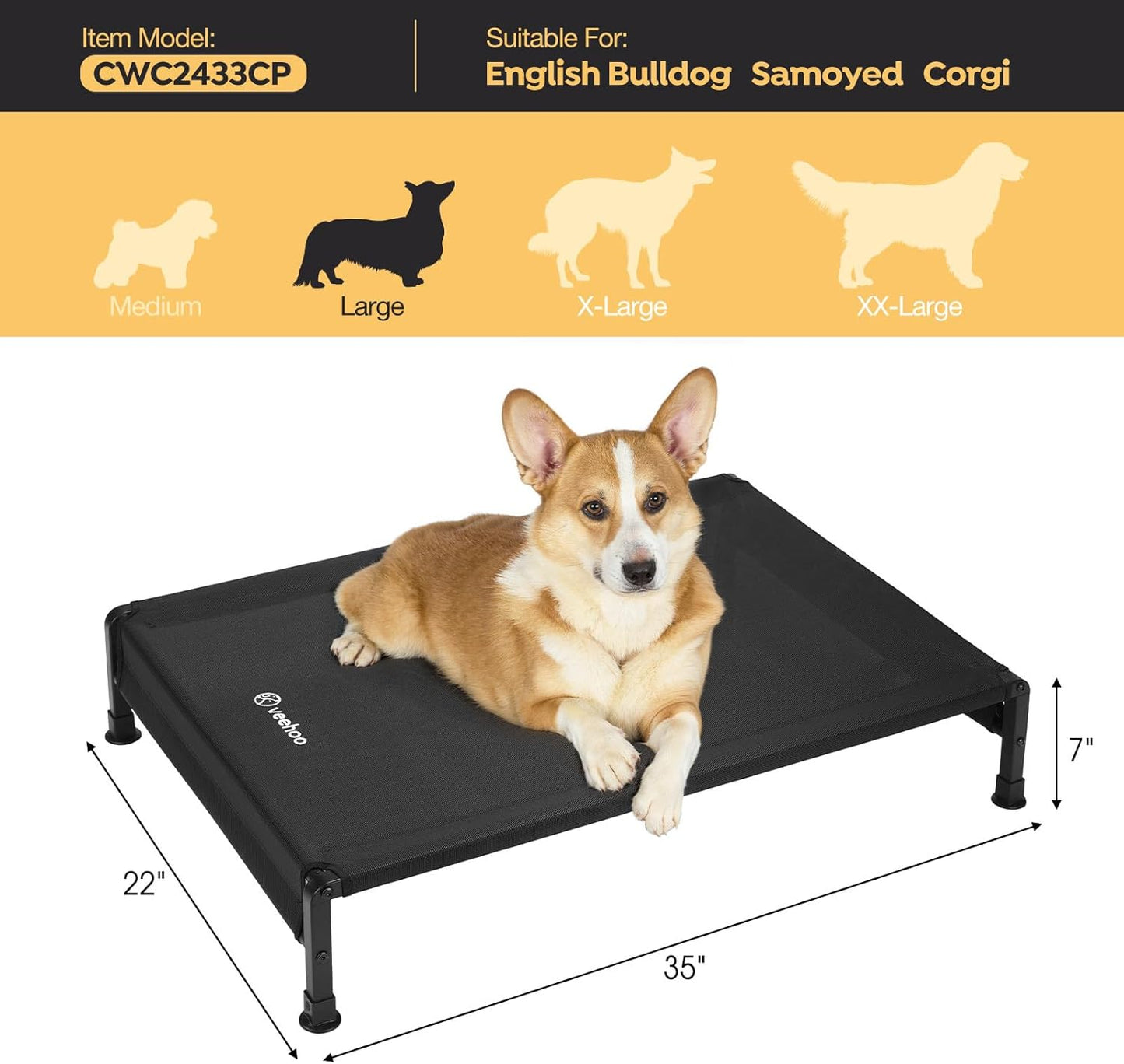 Veehoo Cooling Outdoor Dog Bed, Heavy Duty Elevated Pet Bed with Washable & Breathable Teslin Mesh, Non-Slip Silicon Feet, Dog Cot Bed with Support Hem, 35" x 22", Black, CWC2433 - Pet Explorer