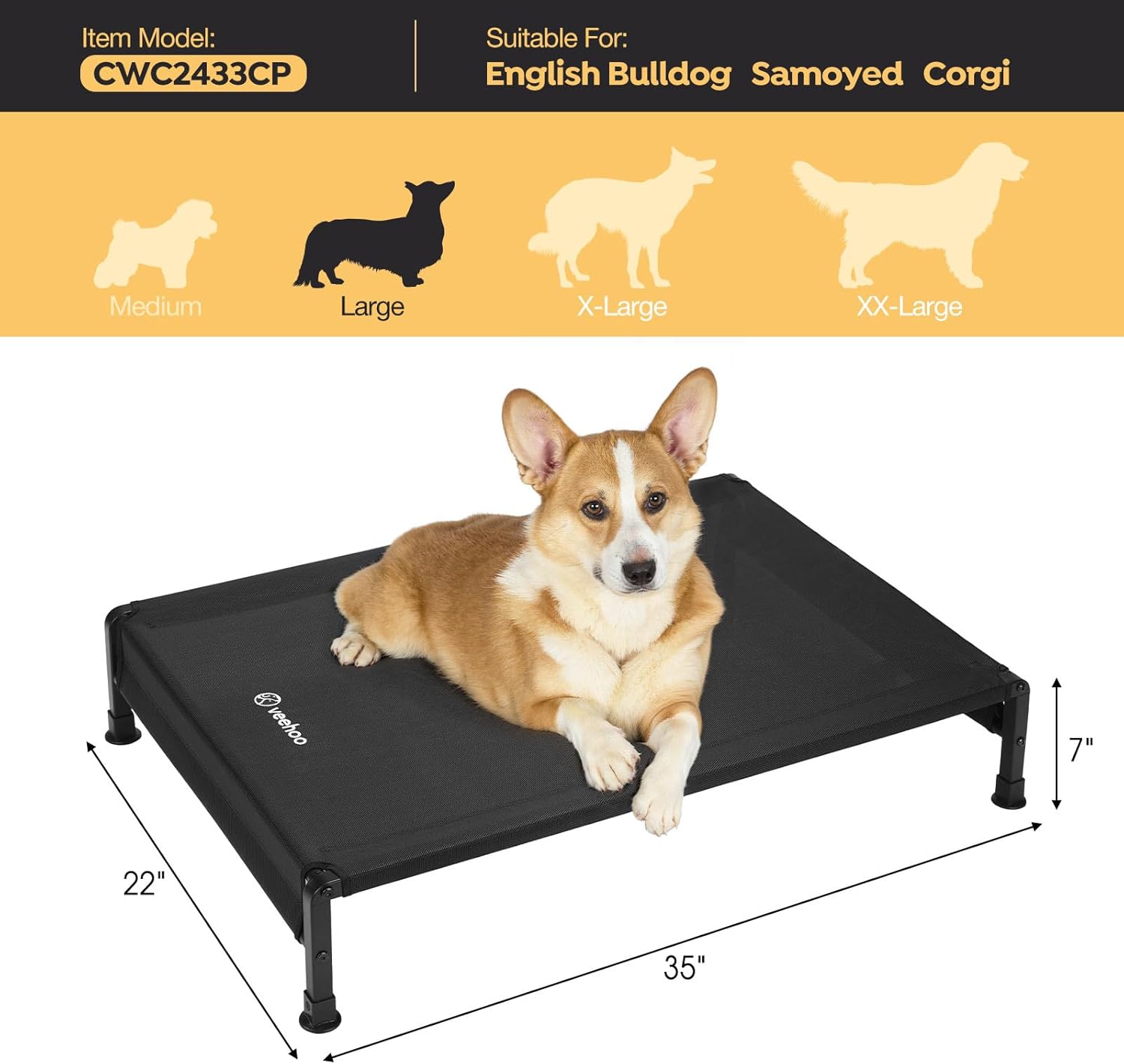 Veehoo Cooling Outdoor Dog Bed, Heavy Duty Elevated Pet Bed with Washable & Breathable Teslin Mesh, Non-Slip Silicon Feet, Dog Cot Bed with Support Hem, 35" x 22", Black, CWC2433 - Pet Explorer