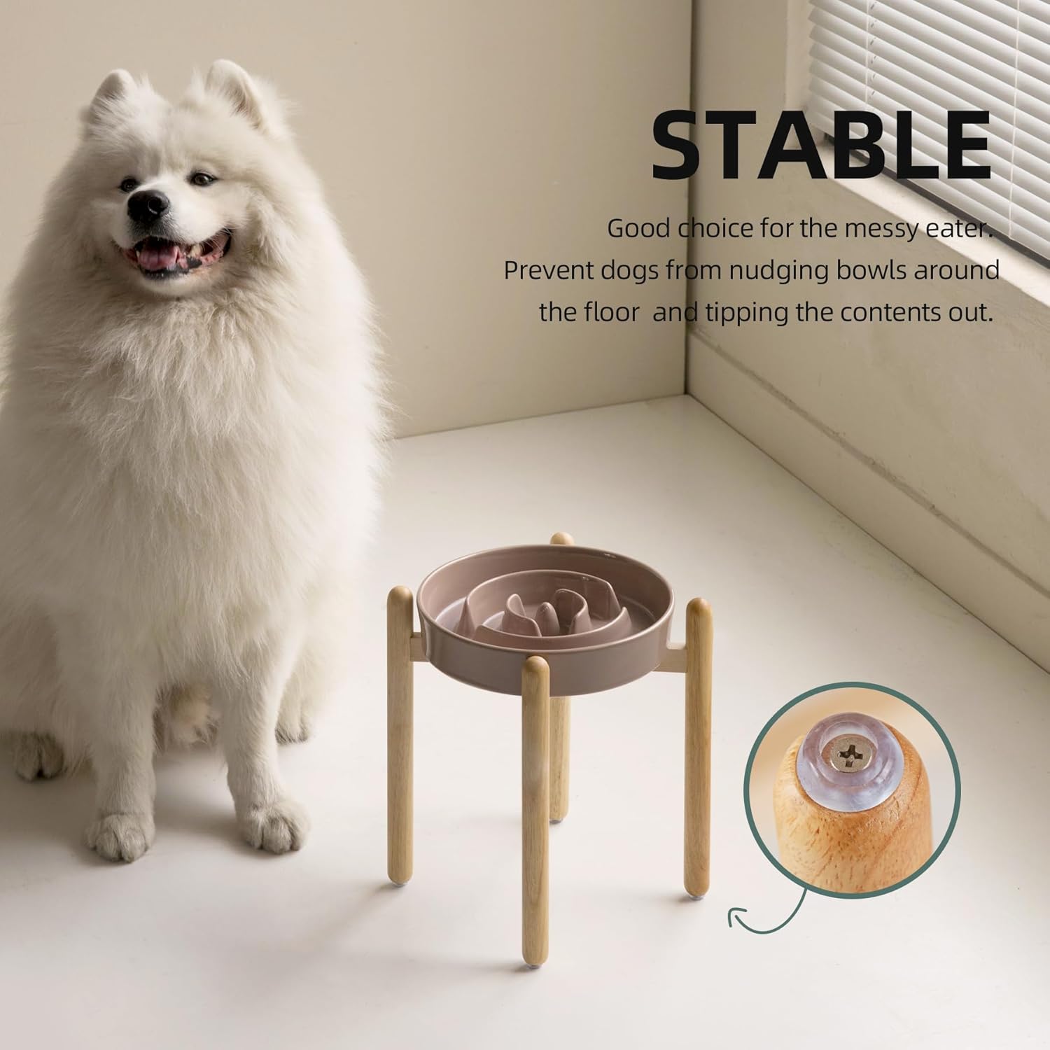 9.5inch Ceramic Raised Slow Feeder Dog Bowl Set, Elevated Bowl with Wooden Stand for Large Dog, Puzzle Slow Pet Food Dish, Preventing Choking(Brown Coffee, Single Bowl+ Stand) - Pet Explorer