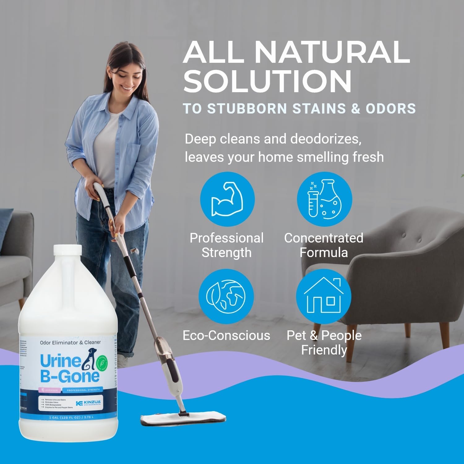 KINZUA ENVIRONMENTAL Urine B-Gone, Professional Enzyme Odor Eliminator & Pet Stain Remover, Human, Cat & Dog Urine Cleaner, Effective on Laundry, Carpets & More, Lavender Scent, 1 Gallon - Pet Explorer