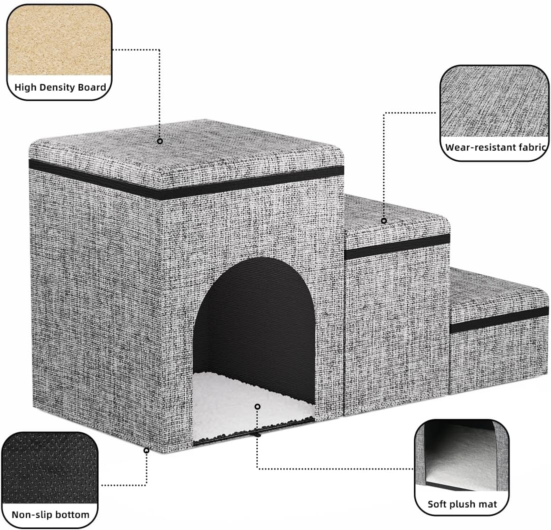 Dog Stairs with Storage, 3-Step Wider Dog Steps with Condo for Dogs and Cats, Pet Stairs for High Bed Climbing, Grey - Pet Explorer