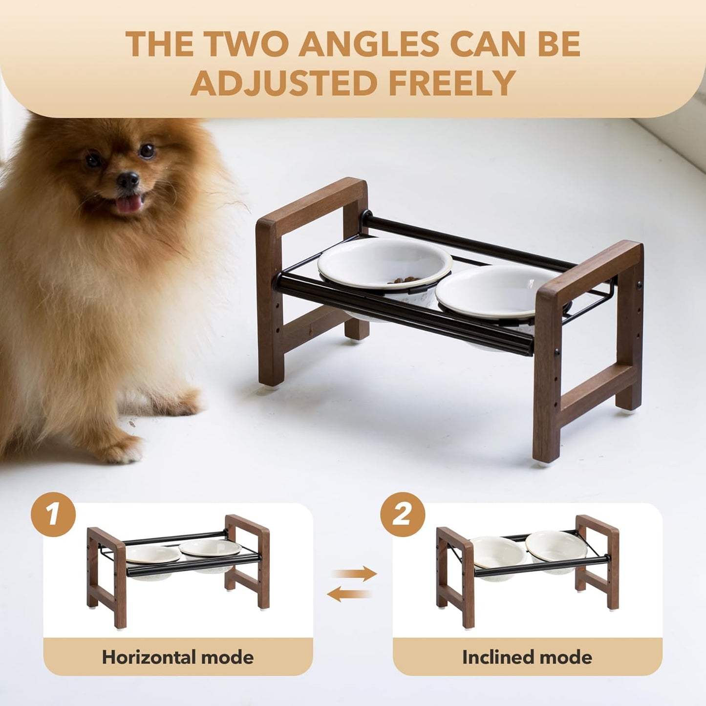 5.5inch Ceramic Adjustable Raised Double Bowls Set with Stand, 3 Heights Elevated, 2 Placement Options,Food and Water Dishes for Puppy, Cats（Double Bowls+Stand, Reactived Glaze -White - Pet Explorer