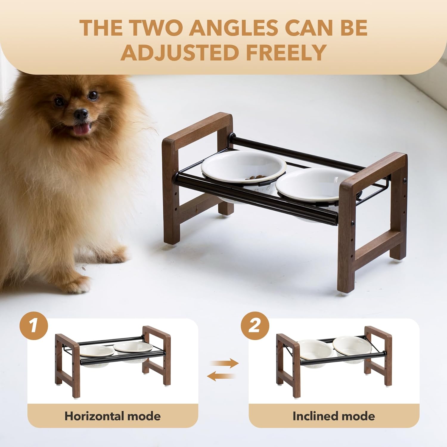5.5inch Ceramic Adjustable Raised Double Bowls Set with Stand, 3 Heights Elevated, 2 Placement Options,Food and Water Dishes for Puppy, Cats（Double Bowls+Stand, Reactived Glaze -White - Pet Explorer