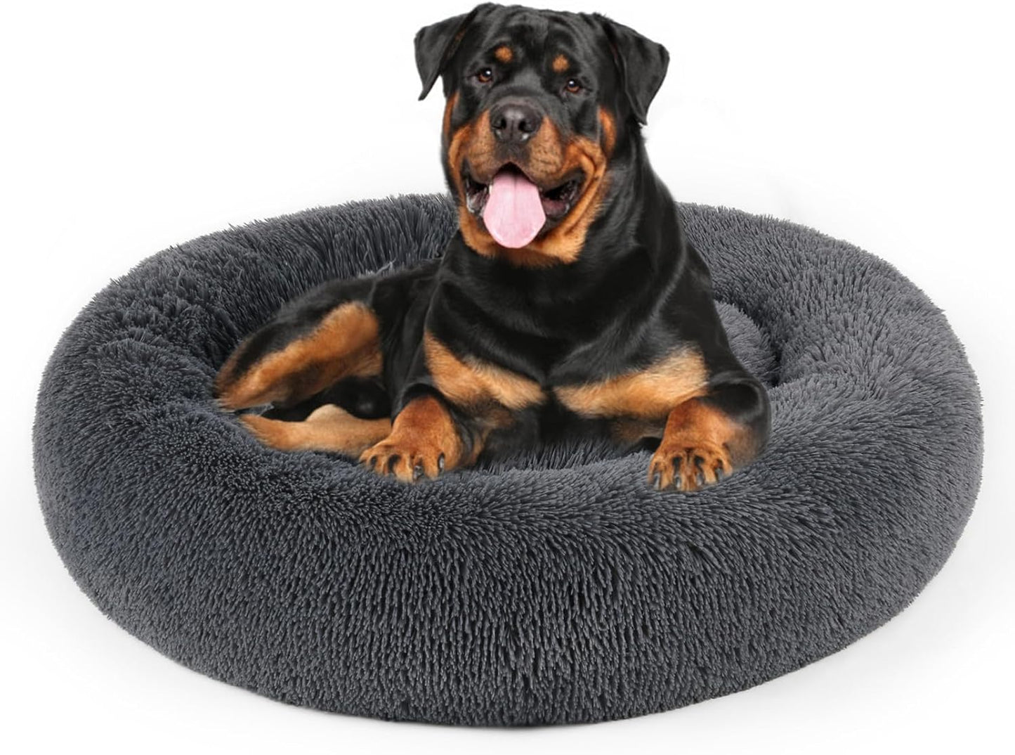 Dog Bed, Cat Calming Bed, Faux Fur Pillow Pet Donut Cuddler Round Plush Bed for Large Medium Small Dogs and Cats (Dark Grey, 44.0" L x 44.0" W x 7.0" Th) - Pet Explorer