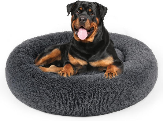 Dog Bed, Cat Calming Bed, Faux Fur Pillow Pet Donut Cuddler Round Plush Bed for Large Medium Small Dogs and Cats (Dark Grey, 44.0" L x 44.0" W x 7.0" Th) - Pet Explorer