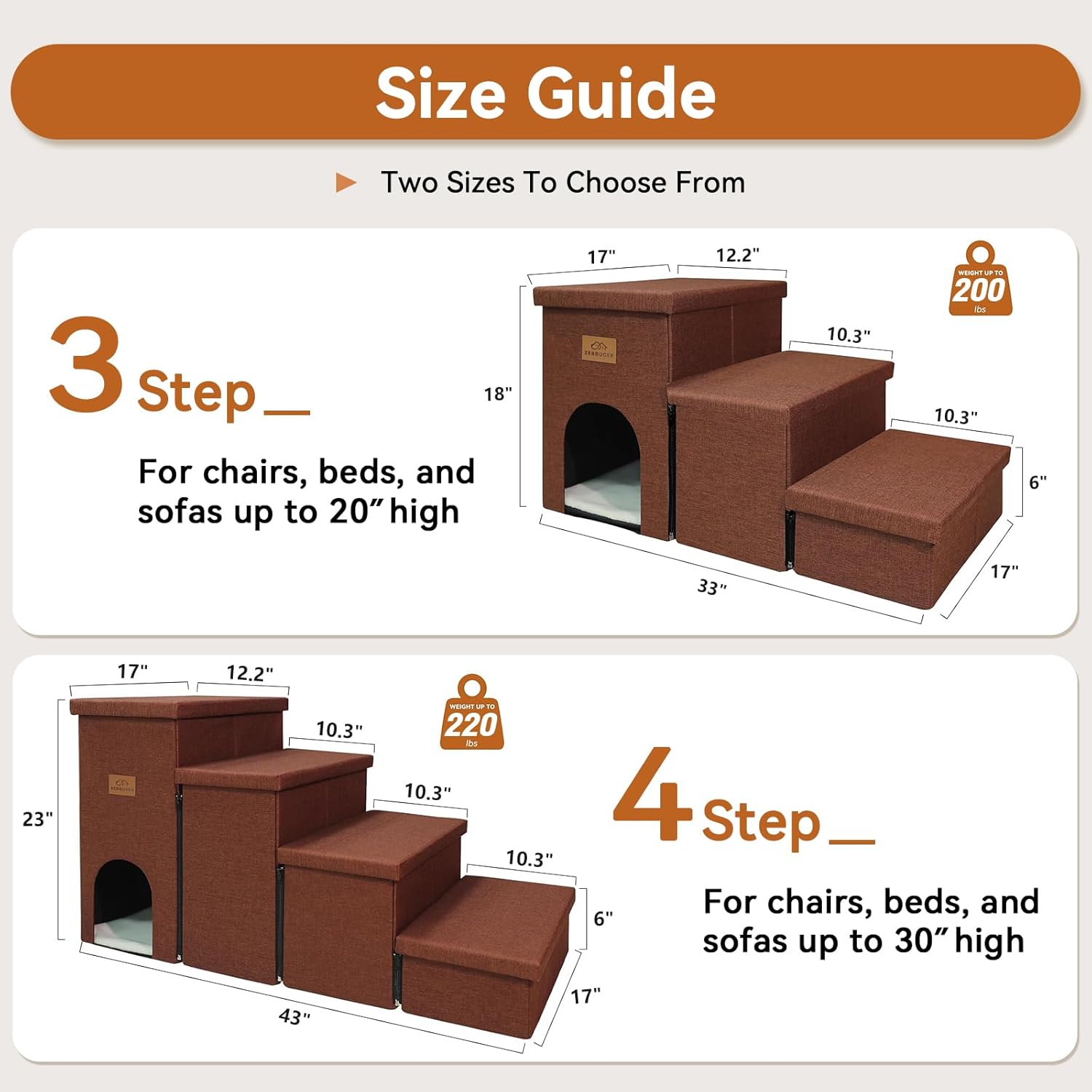 Dog Stairs with Condo 18" H, 3-Step Wider Dog Steps for High Beds Couch, Folding Storage Pet Stairs Gift for Small/Medium/Large Old Dogs Cats, Ramp for Climbing Car Up to 200 lbs, Brown - Pet Explorer