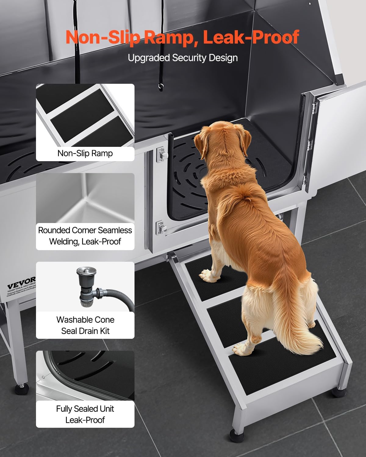 VEVOR Stainless Steel Dog Washing Station, 50 inch Pet Grooming Tub w/Ramp, PE Water Filter Board, Faucet & Showerhead & Soap Holder Dog Bathtub for Large & Medium & Small Pets (Right Door) - Pet Explorer