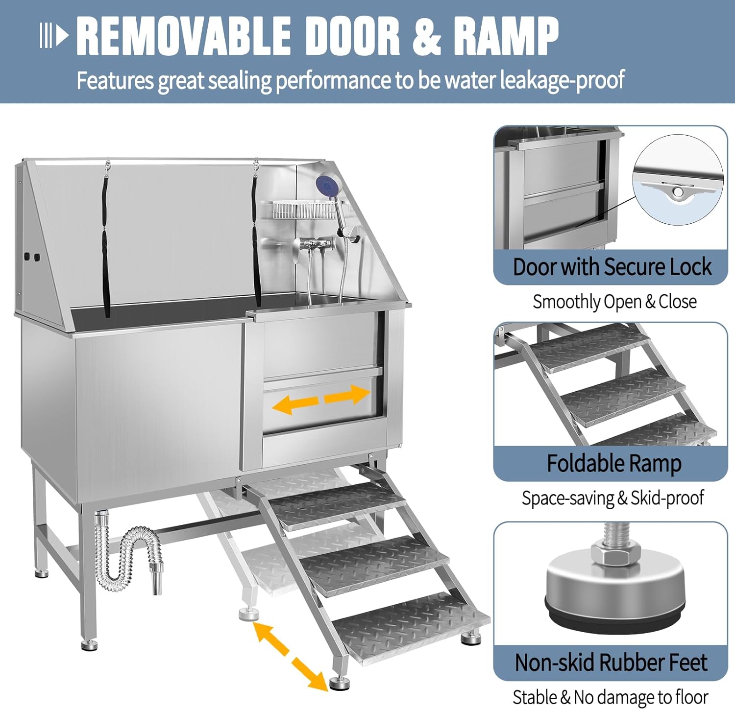 50" Pet Dog Bathing Station W/Ramp, Professional Stainless Steel Dog Grooming Tub W/Soap Box, Faucet,Rich Accessory, Dog Bathtub for Large,Medium,Small Pets, Washing Sink for Home (50" Right ramp) - Pet Explorer
