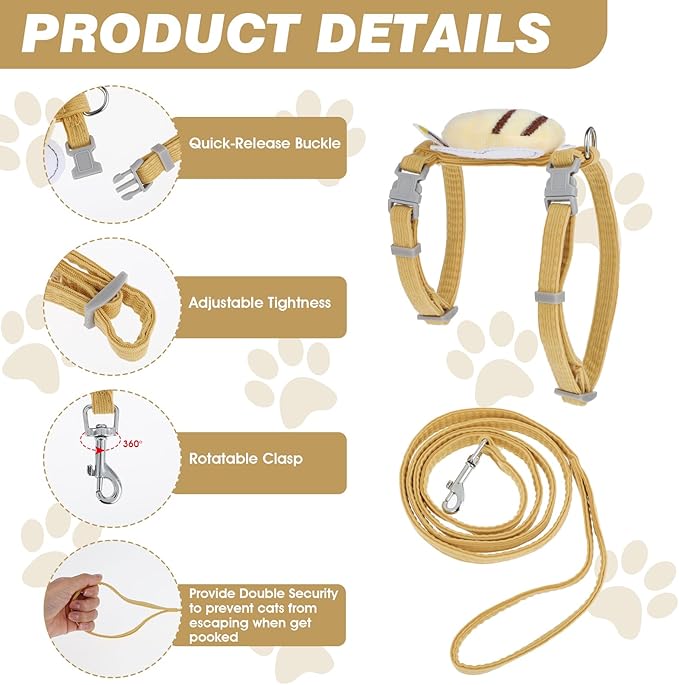 Cat Harness and Leash for Walking Escape Proof Adjustable Soft Harnesses and Leash Set Easy to Wear Kitten Harness for Travel Training and Walking(Vanilla Yellow)