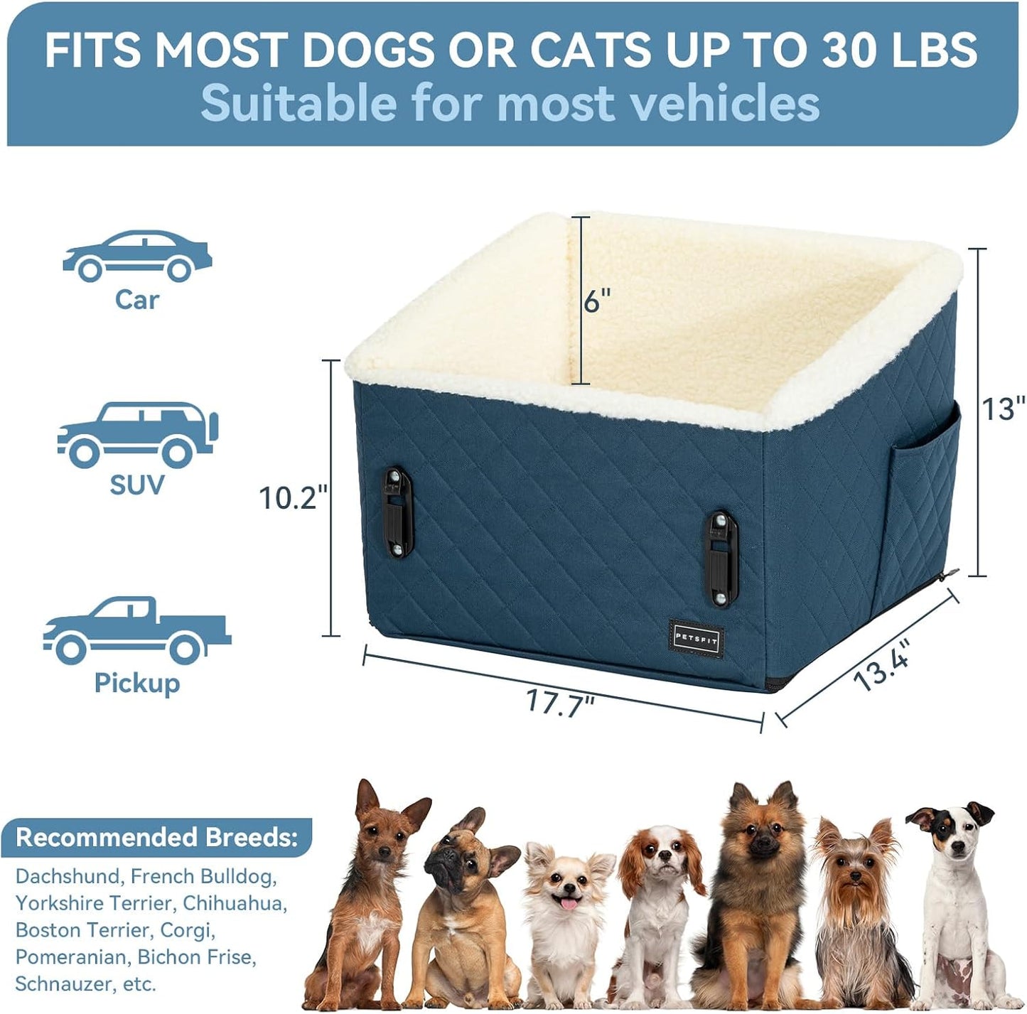 PETSFIT Pet Car Seat for Small Dogs, Soft Foam Dog Booster Car Seat with Patented Safety Buckles, Storage Pockets and Detachable Clip-On Safety Leash, Dog Carseat for Small Dogs Under 30 LBS (Blue) - Pet Explorer