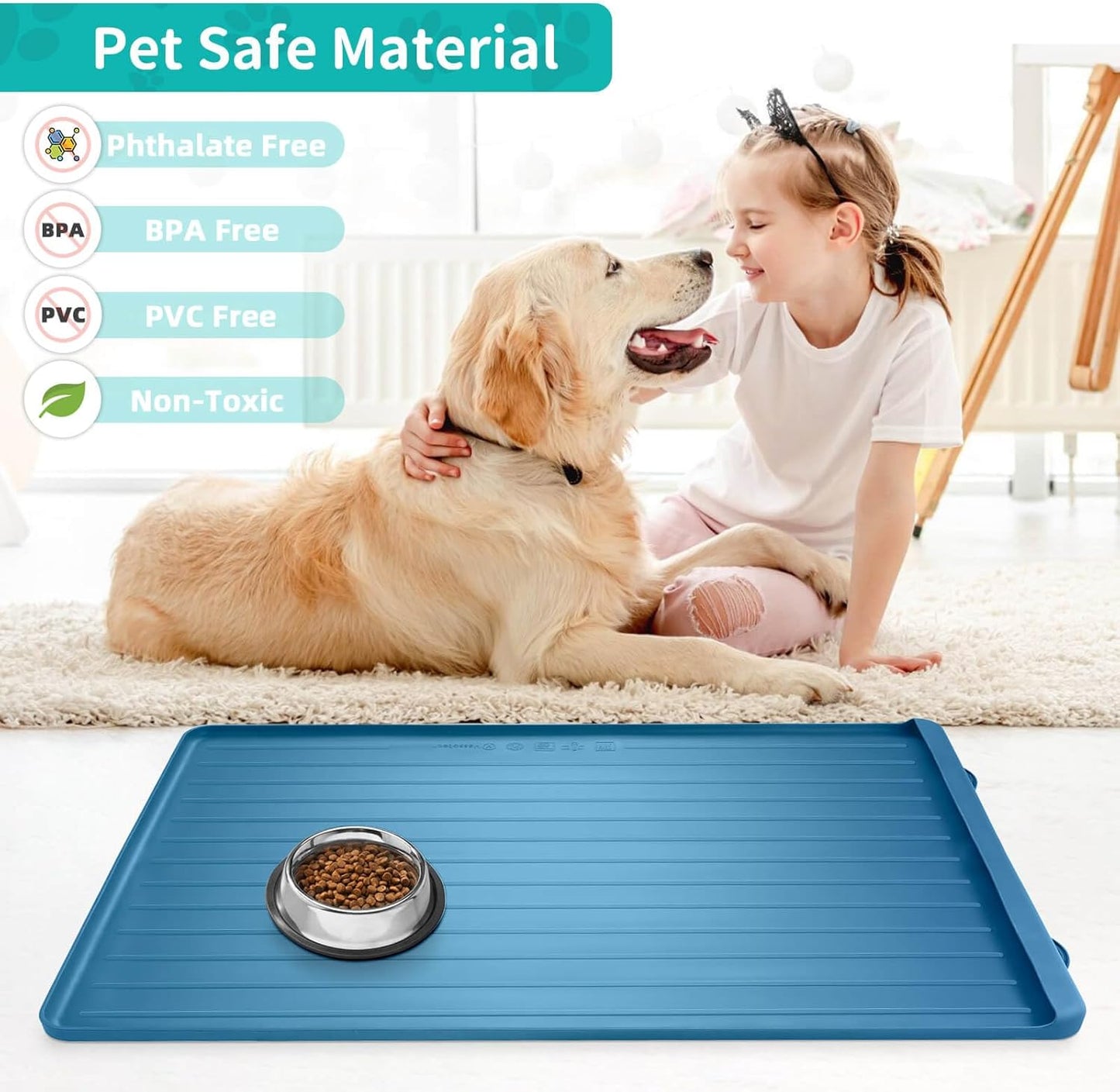 Dog Mat for Food and Water - 39.4" x 27" Large Pet Feeding Mats with Residue Collection Pocket - Waterproof Dog Cat Bowl Mat with High Edges to Prevent Water and Food Spills (Navy) - Pet Explorer