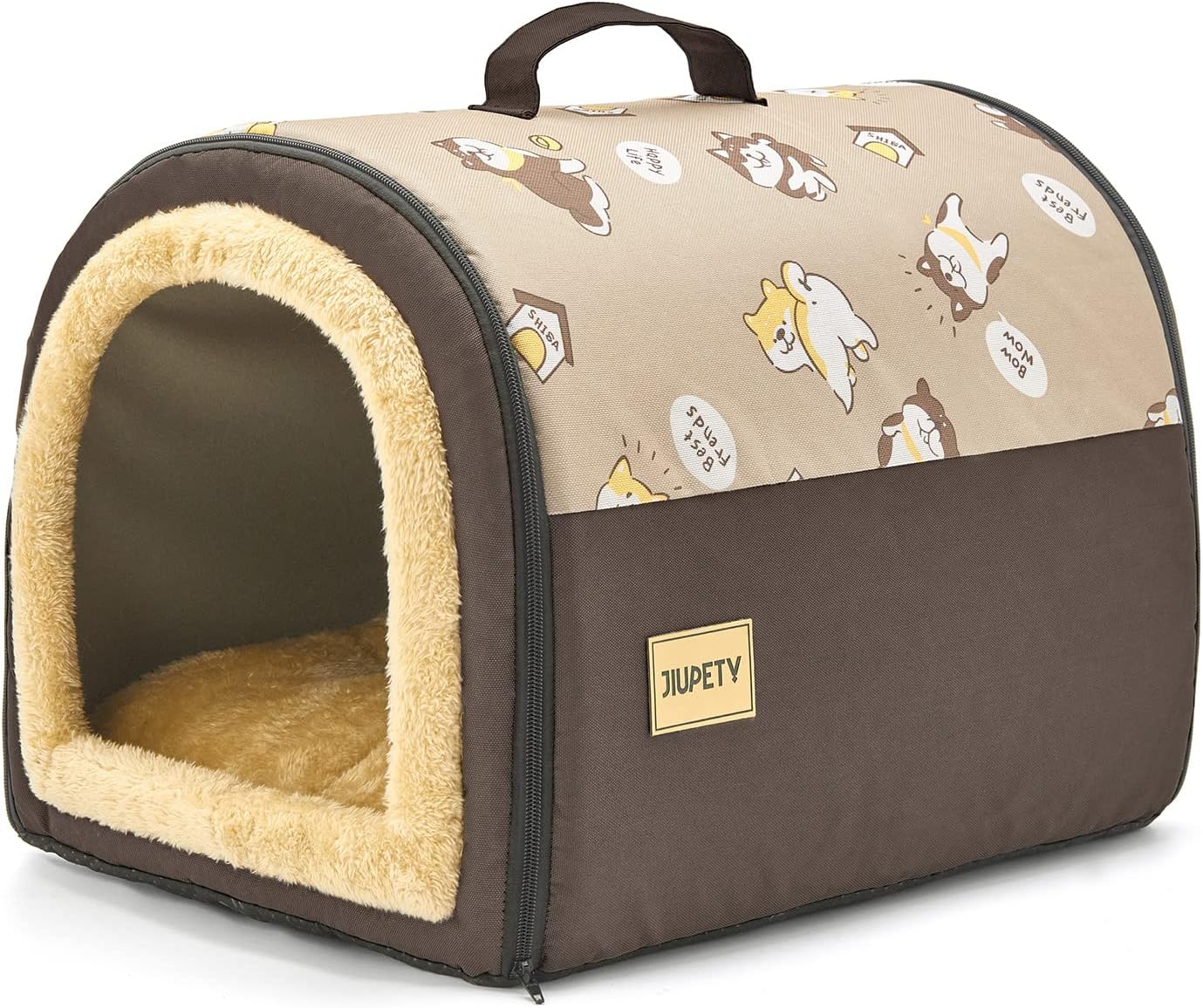 Jiupety Indoor Dog House, 2 in 1 Portable Foldable House Bed with Cover, Pet Tent & Cave Bed for Cats and Small Dogs, M(18"×14"×13"), Up to 9 Lb, Brown - Pet Explorer