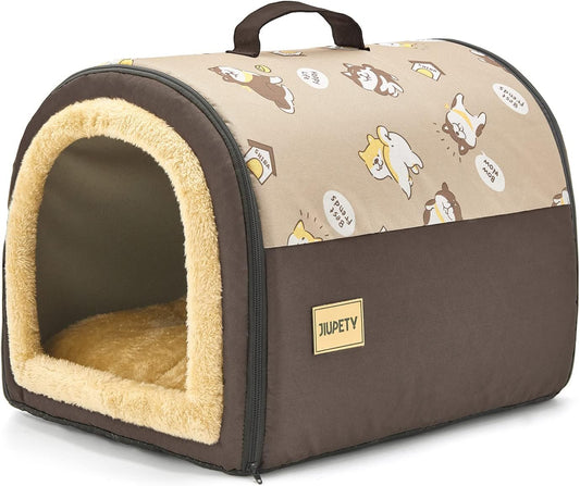 Jiupety Indoor Dog House, 2 in 1 Portable Foldable House Bed with Cover, Pet Tent & Cave Bed for Cats and Small Dogs, M(18"×14"×13"), Up to 9 Lb, Brown - Pet Explorer