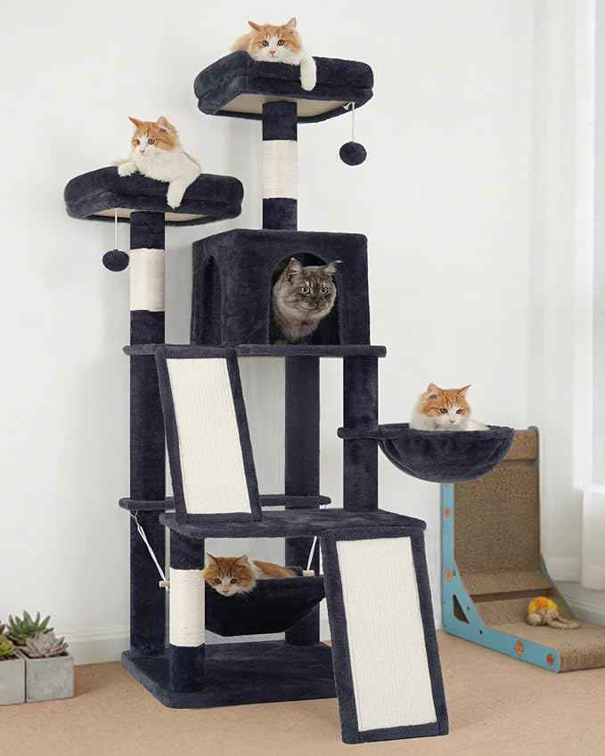 Multi-Level Cat Tree for Indoor Cats, Cat Tower with 2 Scratching Boards, 2 Plush Padding Platforms, Cat Condo House with Hammock, Basket, Smoky Gray GCT022G