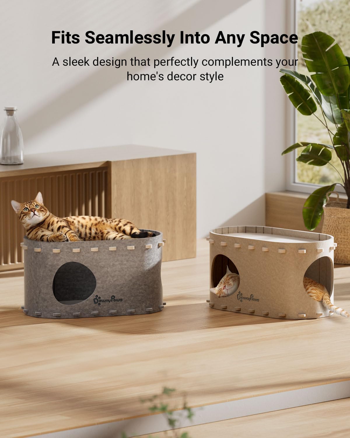 DownyPaws Cat House for Indoor Cats, Cat Bed Cave for Multiple & Large Cats Up to 22 Lbs, Scratch Resistant, Foldable Peekaboo Kitten Caves Tunnel Enclosed Bed, PeekaPurr, Cream - Pet Explorer