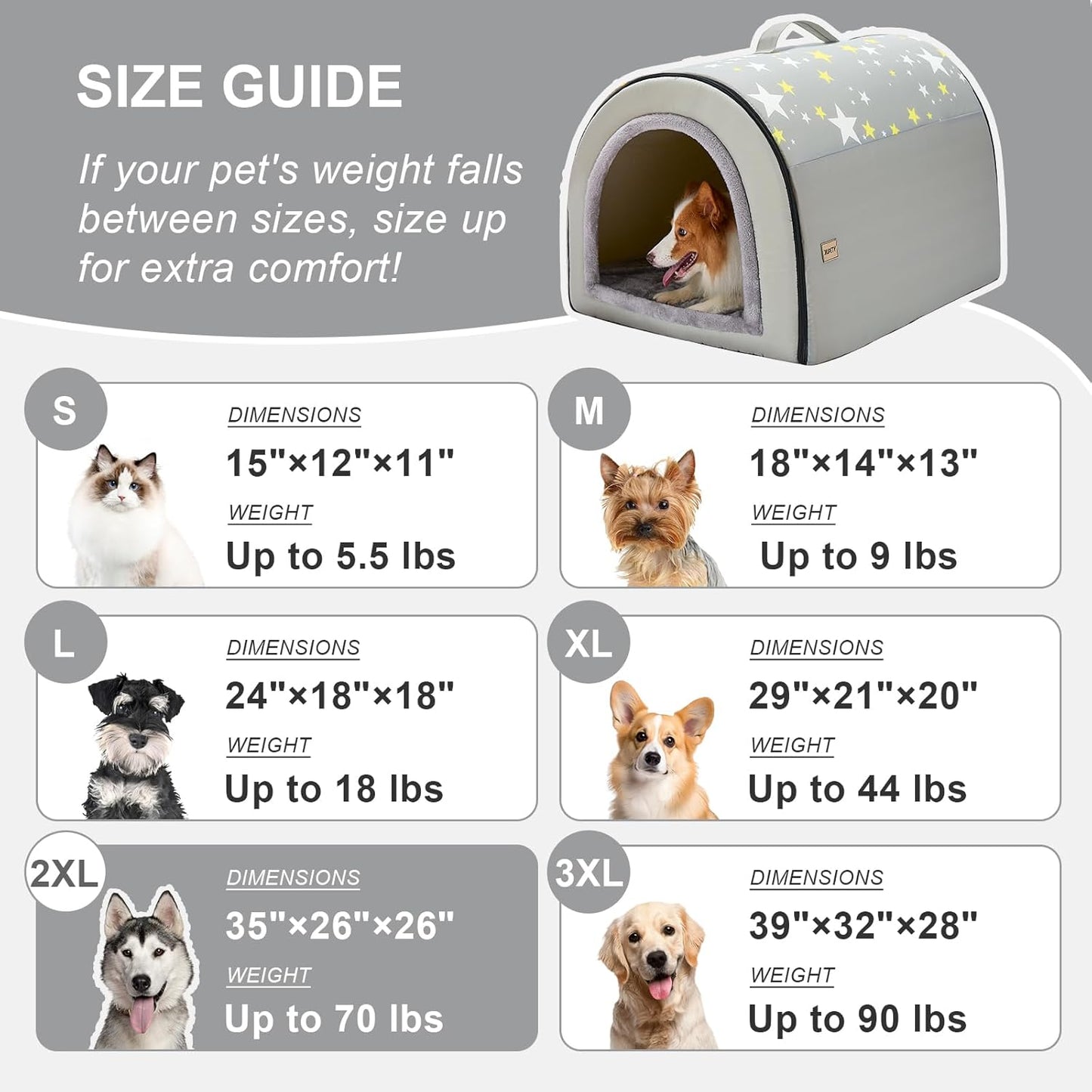 Jiupety 2 in 1 Dog House Indoor, Comfy Cave Bed Covered Dog Bed, Portable House for Medium and Large Dogs, 2XL(35"×27"×26"), Up to 70 Lb, Grey - Pet Explorer