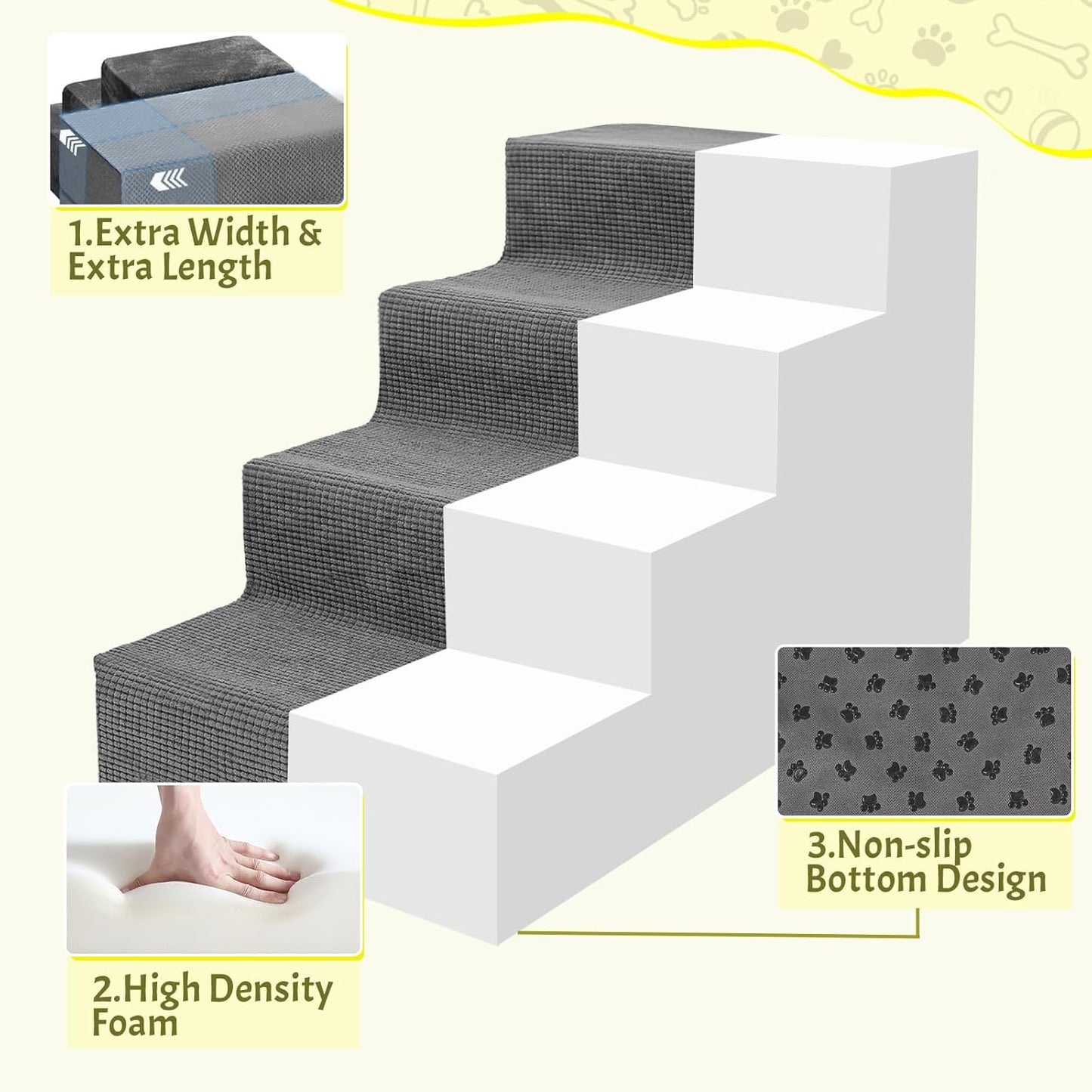 Niubya Dog Stairs for Small Dogs and Cats,18'H Non-Slip Bottom Pet Steps for High Beds and Couch,High-Density Foam Pet Stairs Grey,4 Steps - Pet Explorer