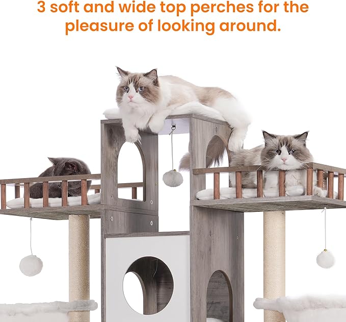 Heybly Cat Tree with Litter Box Enclosure for Indoor Big Cat, Cat Tower for Large Cats 20lbs Heavy Duty, Modern Cat Condo Furniture with Scratching Posts, Rustic Gray HCT110SG