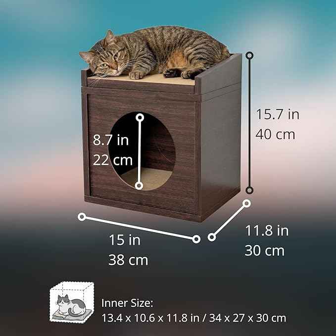 Meowdium Cat House – Cat Condo with Cardboard Scratcher, Scratching Post, Bed & Toy Storage, Cozy Cat Furniture & Accessories for Indoor Cats, Espresso