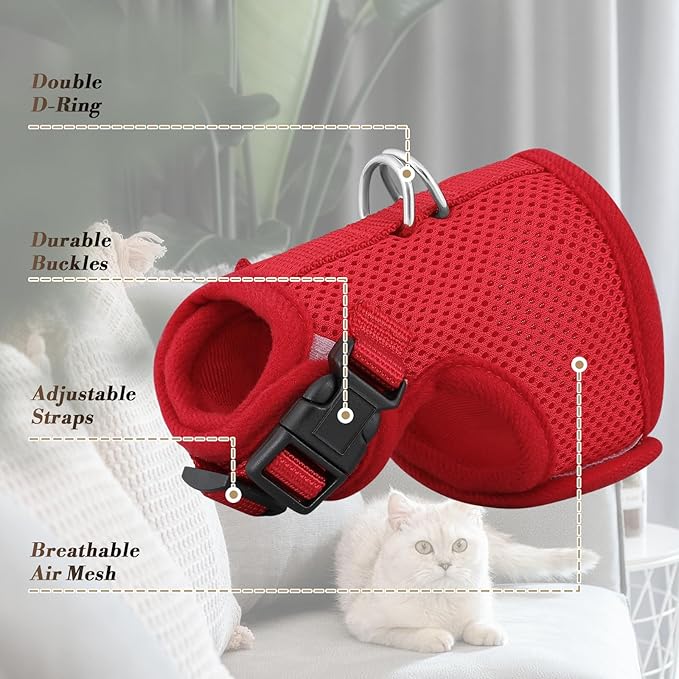 Athena Collection Adjustable Cat Harness with Velcro, Portable Extra Small Cat Vest Harness Breathable Comfy Escape Proof Cat Kitten Harness Pet Supplies for Outdoor Walking, Training, Red