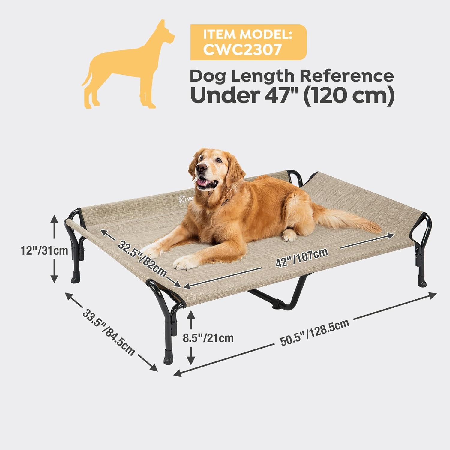 Veehoo Cooling Elevated Dog Bed, XL Raised Pet Cot with Guardrail & Slope Headrest, Durable Breathable Teslin Mesh, Non-Slip Feet, Washable Dog Couch Bed for Indoor & Outdoor, 50.5" x 33.5", Beige - Pet Explorer
