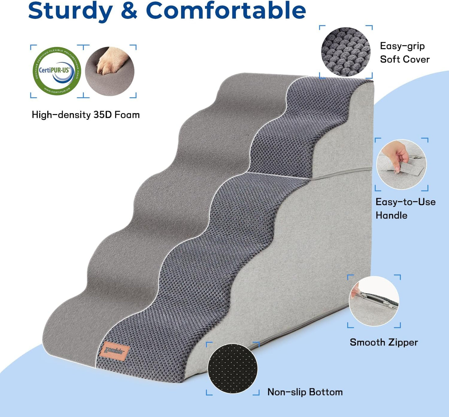 Dog Stairs for High Beds 22.8" H - Pet Stairs Ramp for Couch, 35D Foam Dog Steps for Small to Large Dogs with Non-Slip Bottom Grey, 5 Steps - Pet Explorer